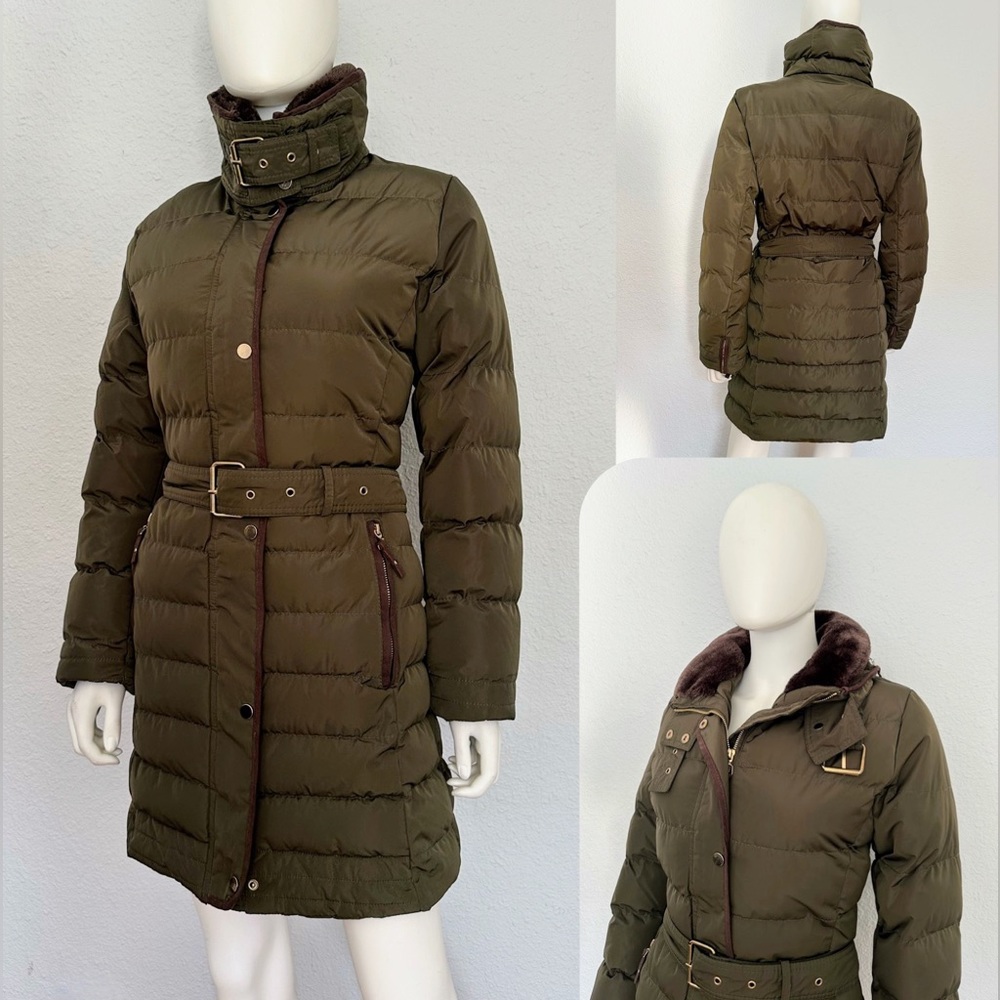 NEW WOMEN‎ QUILTED PUFFER FAUX FUR COLLAR BELTED JACKET WITH PACKABLE HOOD LINED